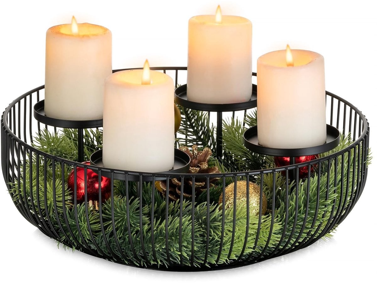 Omgoods Zwarte Adventskrans met Kaarshouder voor 4 Kaarsen