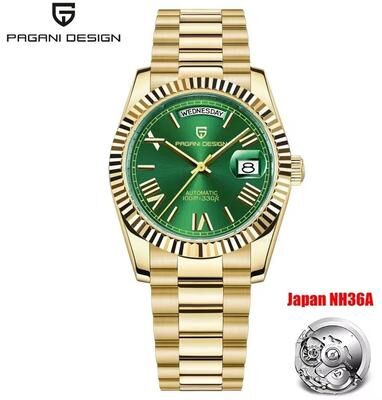 Uplift Essentials Automatic Day Date Mechanical Watch Luxury NH36A Movement Sapphire Timepiece gold Green