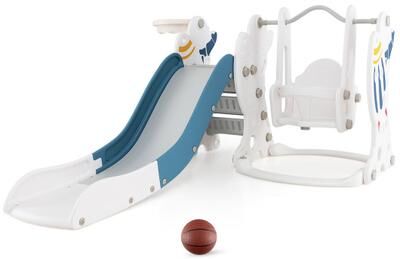 Costway 4-in-1 Kids Slide and Swing Set with Basketball Hoop-Blue