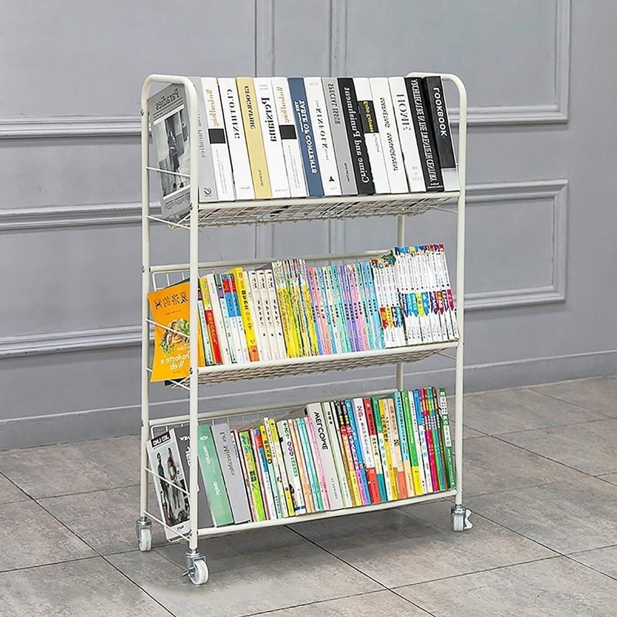 Mobiele Boekenplank Trolley met 3 Lagen en Afsluitbare Wielen - Zwart