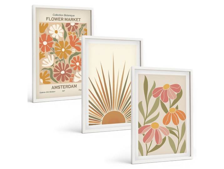 BILDER SET 3er Set - 40x60 cm Weißer Rahmen - Pastellfarbene Sonnenblumen