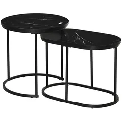 MODFU Couchtisch Set 2teilig stapelbar rund oval 50x50x51 cm Marmoroptik Schwarz mit Stahlrahmen verstellbaren Füßen pflegeleichte MDF Platten