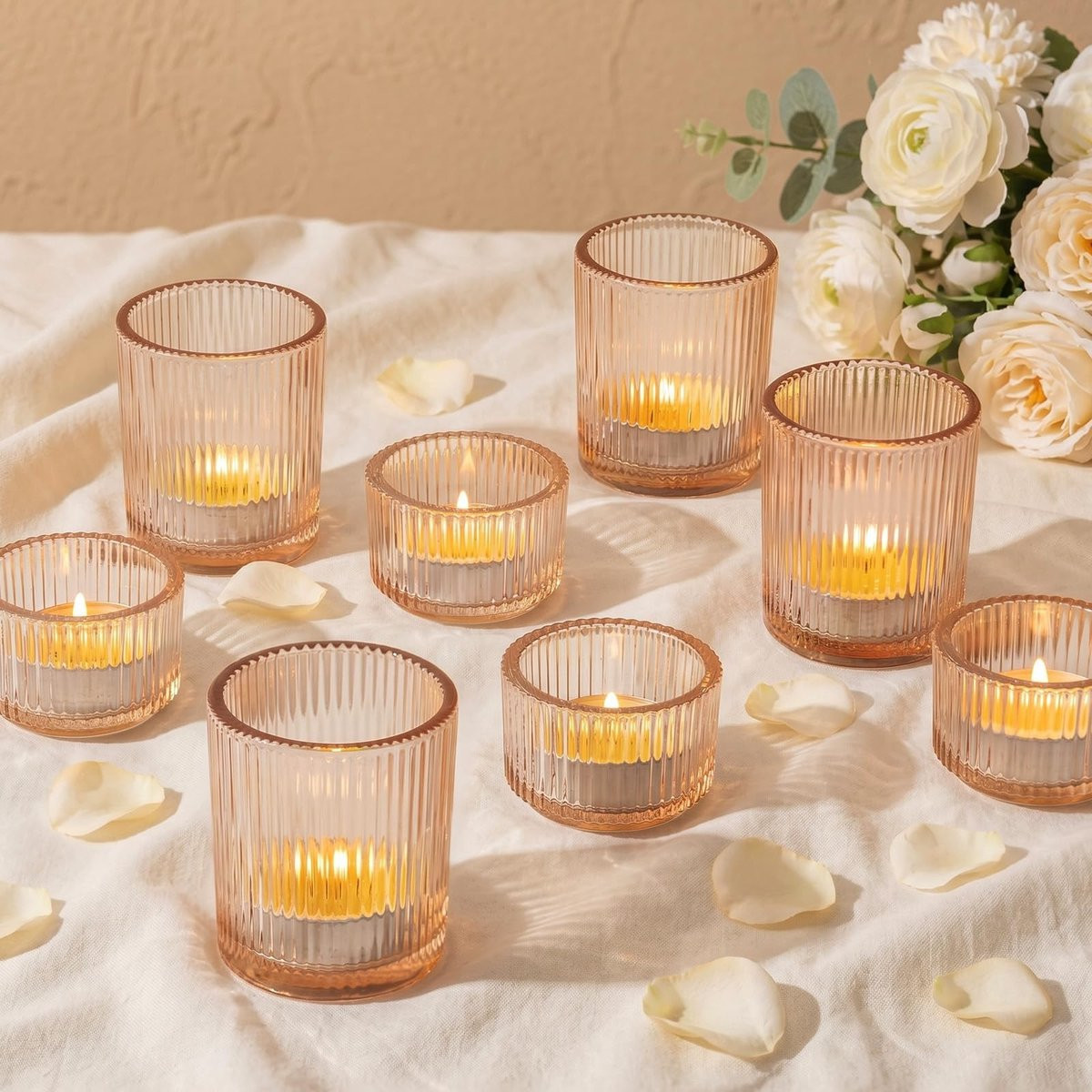 Dailygoods Set van 8 Geribbelde Theelichthouders Gouden Glas
