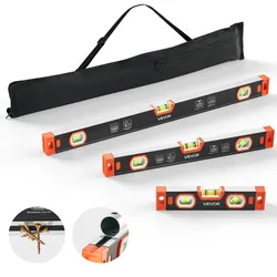 VEVOR 3 tlg. Wasserwaage Set, 225/400/600 mm Richtwaage mit 3 Libellen 90°/45°/0° & 0,5mm/m Genauigkeit, Meganetische Maurerwaage mit V-Nut & Aufhängeloch, Messwerkzeug für Baustelle Hausrenovierung