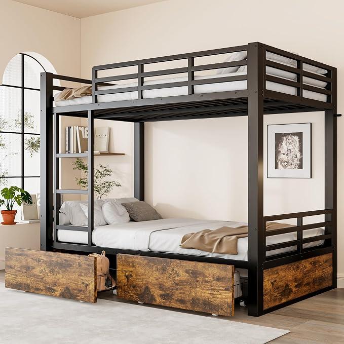 Etagenbett Kinderbett 90x200 cm, Metall, Schwarz, Ohne Matratze | 2 Schublade mit Rollen, Leiter, Rausfallschutz, Lattenrost aus Metall, Platzsparendes Design