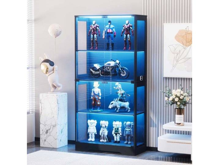 Vitrine en verre - Modèle 4 étagères - Portes vitrées - Éclairage LED intelligent - 80x35x165 cm