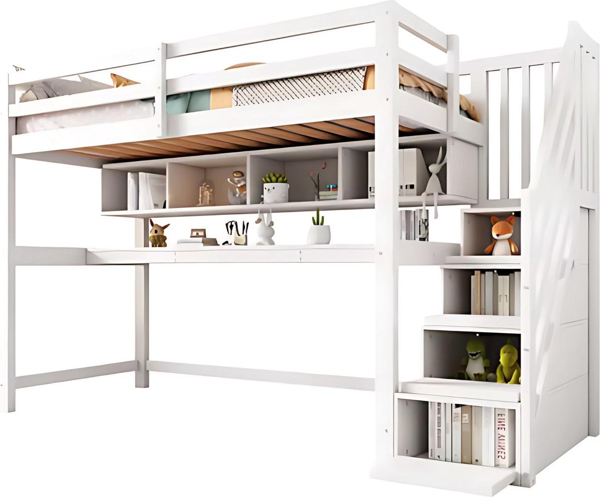 Kinder-Loftbett 90x200cm - Hochbett mit integriertem Schreibtisch und Stauraum - Mit Eckleiter, Absturzsicherung und Fenster - Peuterbett - Weiß