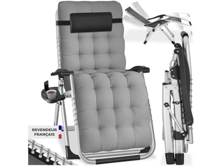 Chaise longue - TECTAKE - Chaise longue CLOUD en acier pliable et réglable avec coussins amovibles 84 x 103 x 113 cm - Gris clair