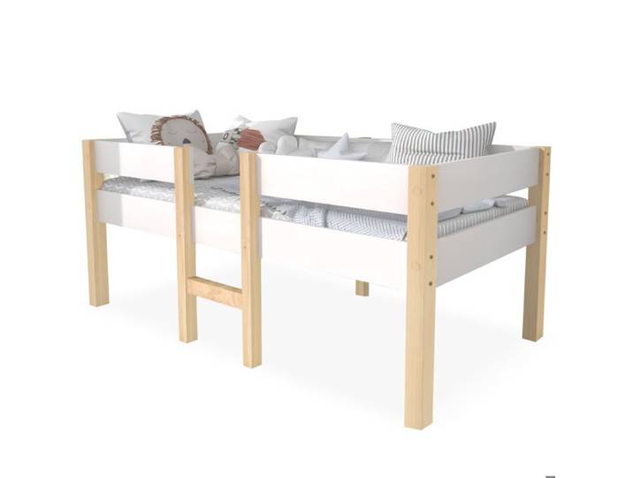 Lit enfant mezzanine mi-haut blanc 90×200 cm avec sommier inclus barrière anti-chute structure solide