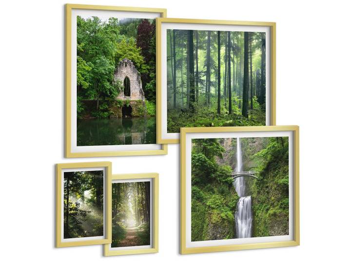 BILDER SET 5er Set - 50x50 cm & 20x30 cm & 40x60 cm Goldrahmen - Grüne Wälder, Lichtstrahlen