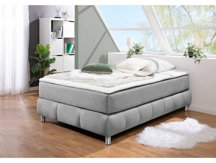 Boxspringbett, Struktur, Grau, 126×206 cm, Ohne Kopfteil, Modern, andas
