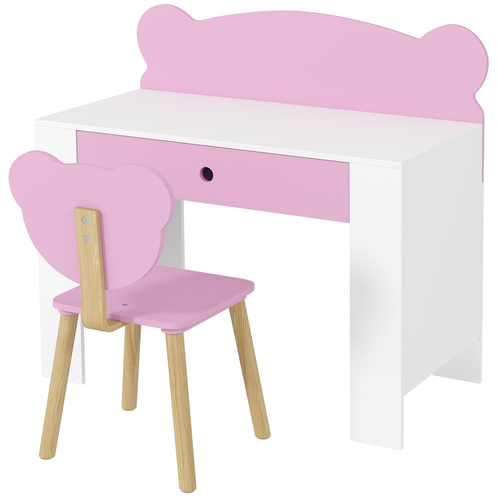 AIYAPLAY Kinderbureau Set met Stoel in Berenvorm met Opberglade, Roze