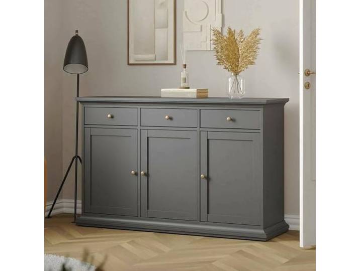 Dmora - Kommode Frederique, Wohnzimmerbuffet, Wohnzimmer-Sideboard, Moderne Küchen-Speisekammer, 144x46 h92 cm, Grau