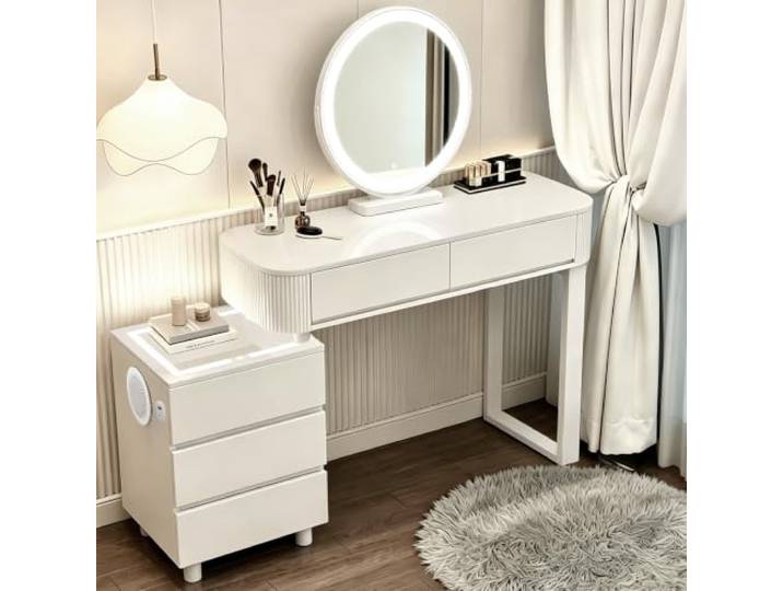 MJKCBD Schminktisch mit Spiegel, Große Frisiertisch mit 5 Schubladen Moderner Weiß Kosmetiktisch mit Flexibler Unterschrank (100cm-130cm) für Schlafzimmer, Einfache Montage für Mädchen