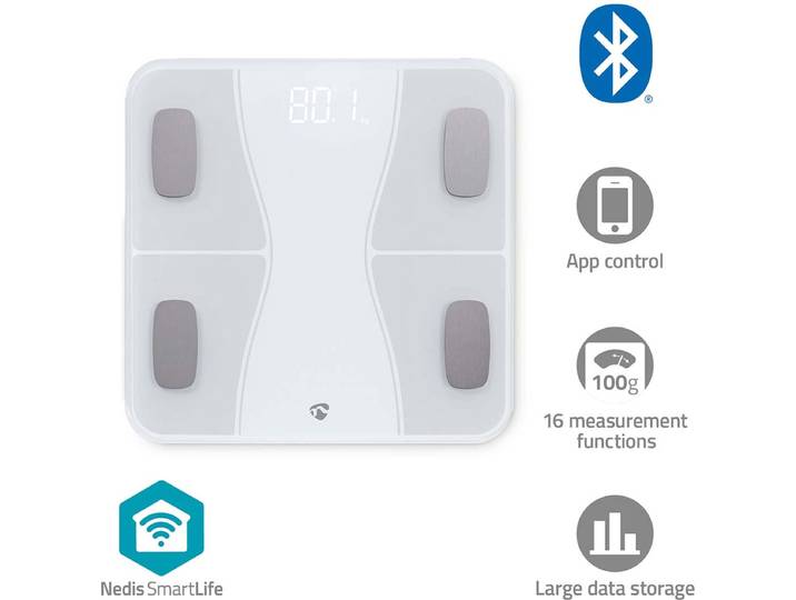 Nedis SmartLife Personenweegschaal – Bluetooth – Lichaamsanalyse – Digitaal – Tot 180 kg – Incl. App – Wit