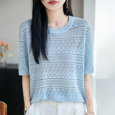 Lush Living Finds Breeza Hollow Knit Short Sleeve Top For Women Lightweight Summer Pullovers blue m