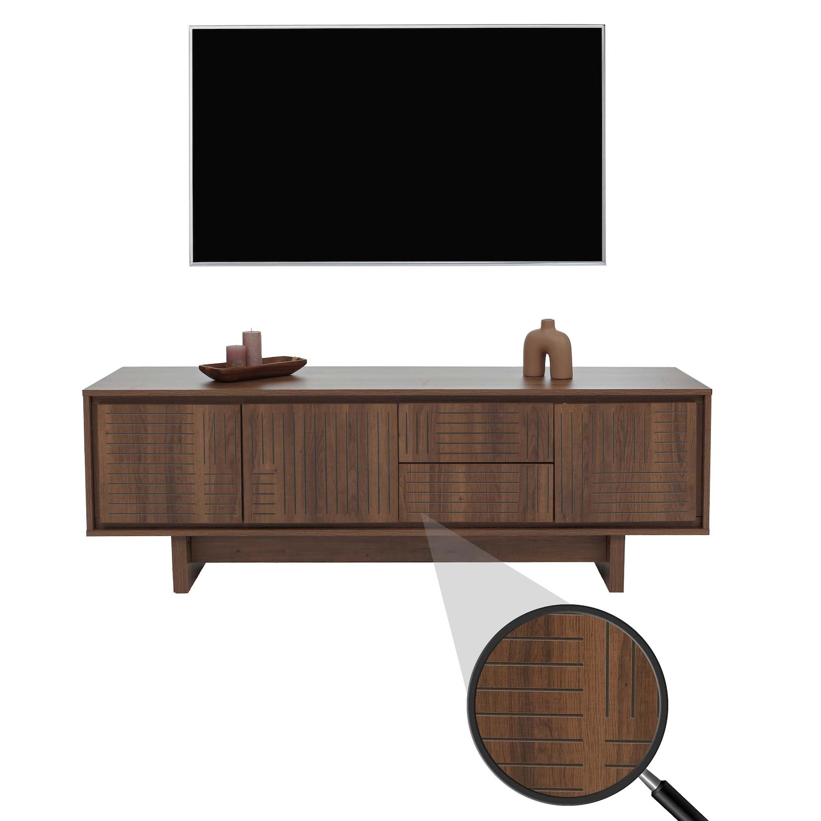 TV-Rack MCW-O34, TV-Board Fernsehtisch Lowboard Kommode, Schubladen Ablagen, Melamin 51,5x150x39,5cm ~ braun