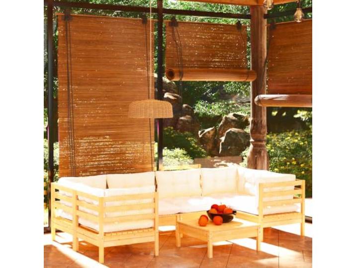 Bois de pin massif modulable avec coussins crème 7 pieces 110 kg Salon de jardin 7 pieces en bois de pin massif avec coussins creme, canape modulable d'exterieur avec repose-pieds, ensemble