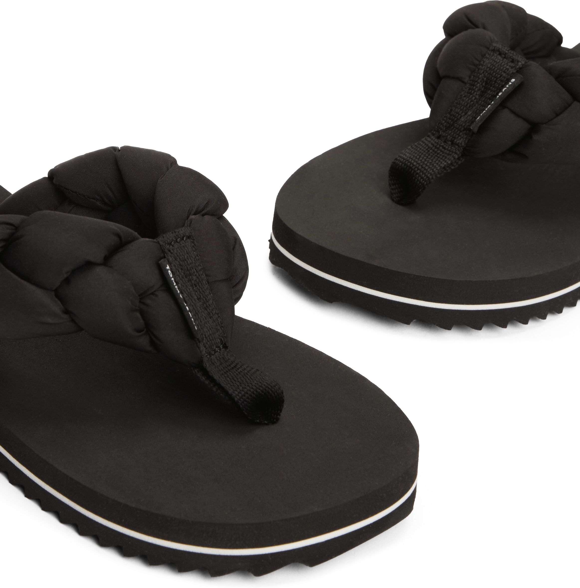 Zehentrenner TOMMY JEANS "BRAIDED THONG BEACH SANDAL", Damen, Gr. 37, schwarz, Textil, Schuhe Zehentrenner, Dianette, Sommerschuh mit geflochtener, wattierter Bandage schwarz 37