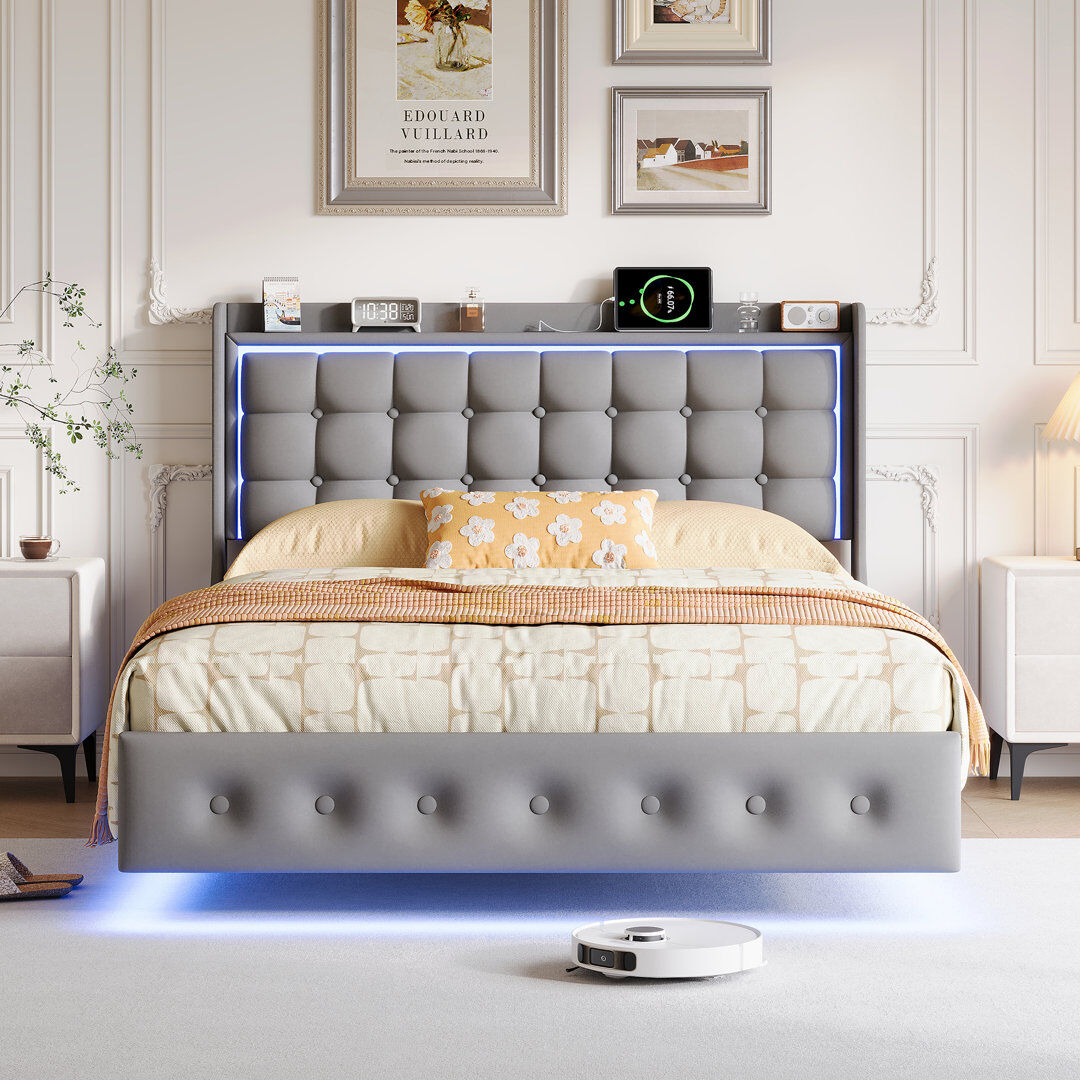 Ivy Bronx Upholstered Velvet Bed Grey European Double (140 x 200 cm)