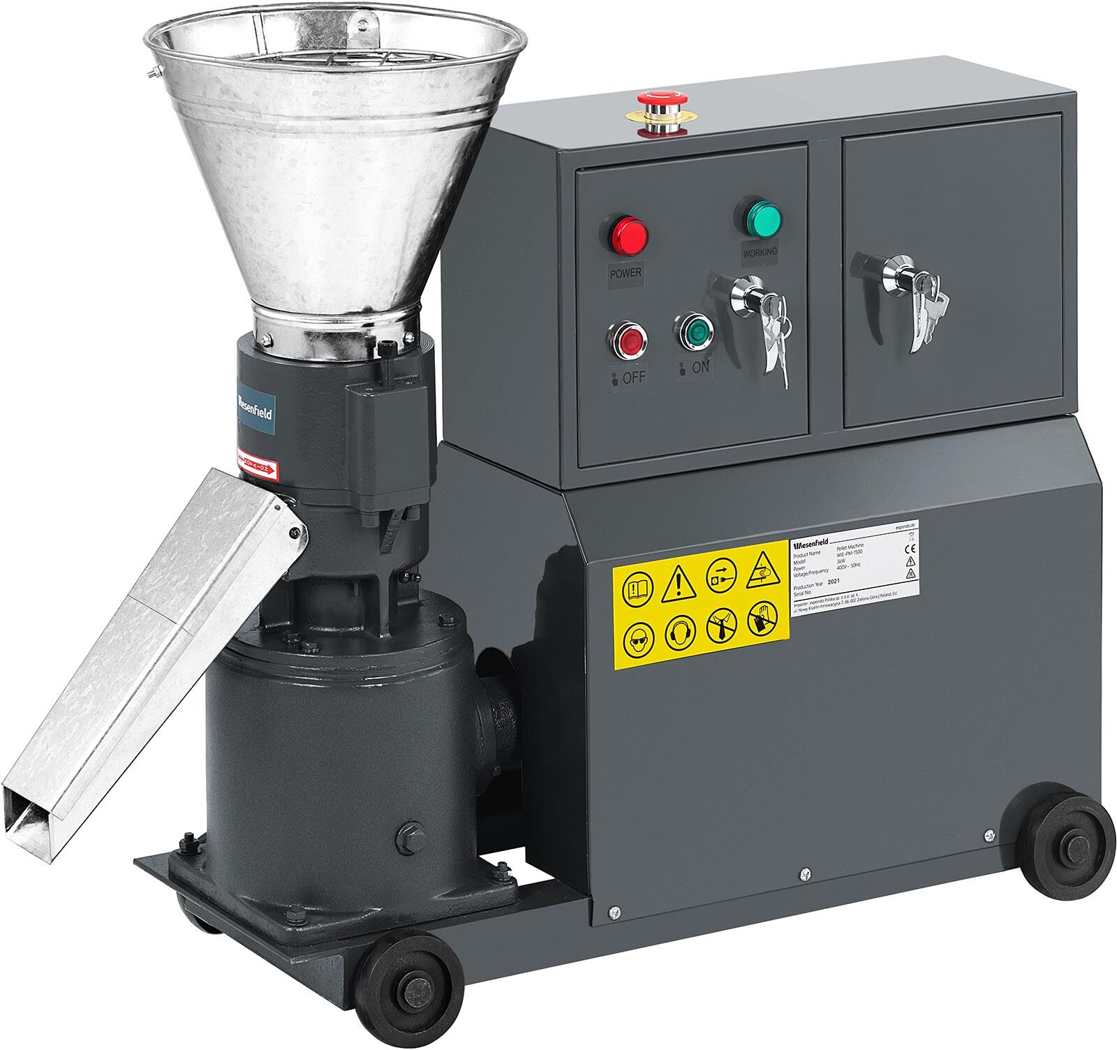 Wiesenfield Presse à granulés - Max. 100 kg/h - Ø 120 mm - Compartiment verrouillable - 2 rouleaux WIE-PM-1500