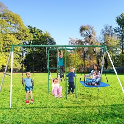 Klokick Swing Sets With Monkey Bars, Belt Swing, Platform Swing, Climbing Net, Trapeze Bar, Outdoor Playset For Kids Backyard