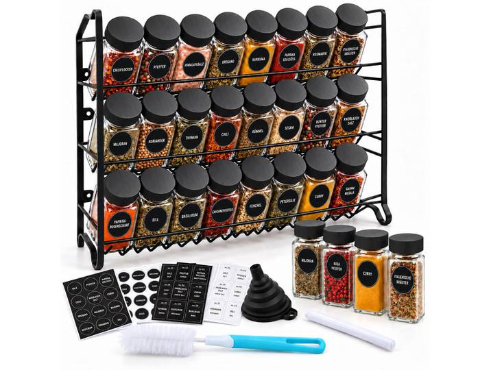 Relaxdays Gewürzregal Schwarz Metall 24er-Set Gewürzgläser, Glas, Kunststoff, Metall, 25x37x12 cm, Küchenzubehör, Vorratsbehälter, Gewürzgläser