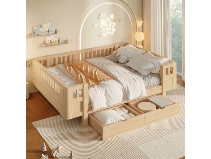 Lit plateforme 140 x 200 cm garde-corps haut 2 tiroirs bois