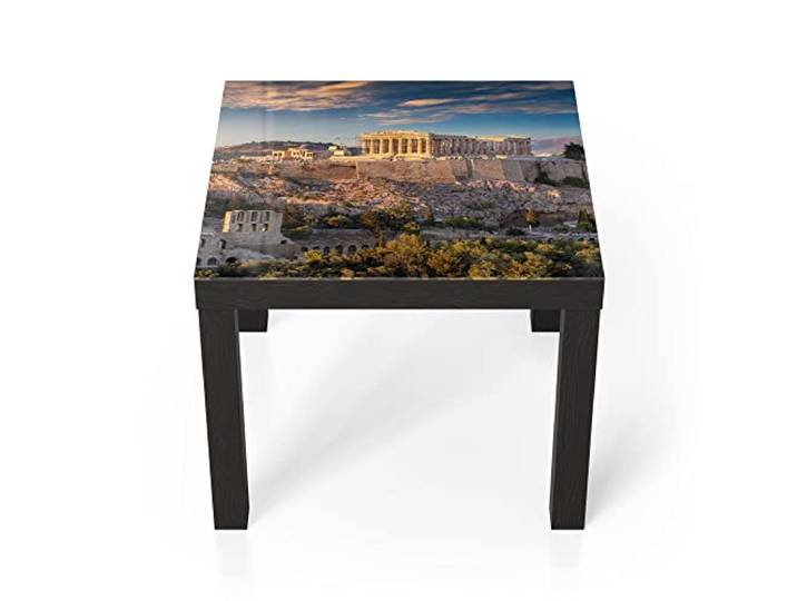 DEQORI Glastisch schwarz klein 55x55 cm Motiv Blick auf die Akropolis ausgefallener Beistelltisch aus Glas Hochglanz Couchtisch fürs Wohnzimmer moderner Couch Tisch mit Design