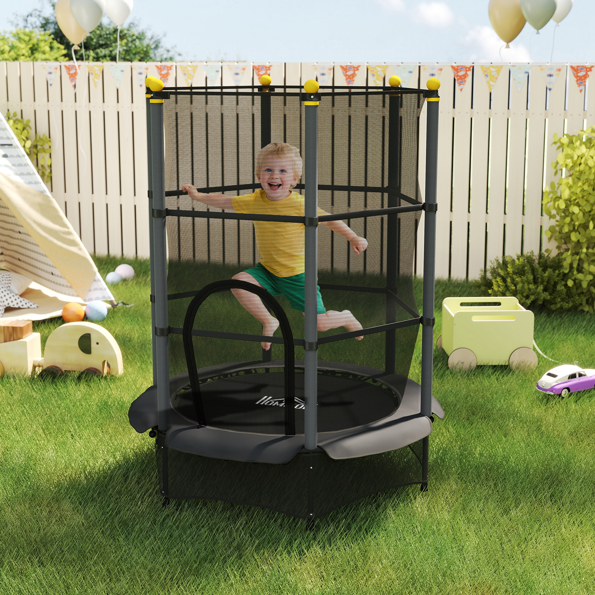 Homcom Tappeto Elastico per Bambini con Rete di Sicurezza e Pali Imbottiti Età 3-10 Anni, Ø140 x 190 cm, Nero