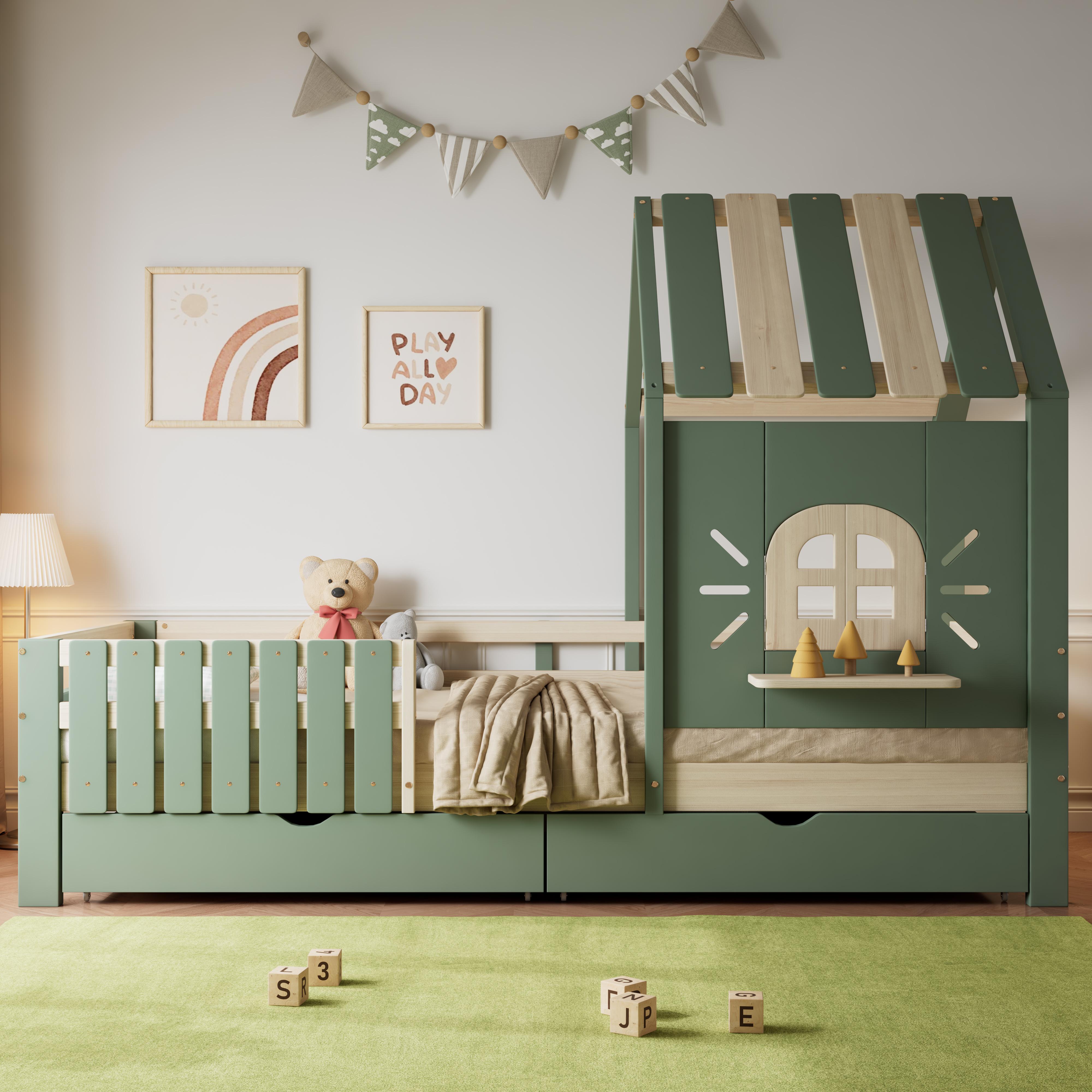 Hausbett 90x200 cm mit Dach, Fenster, Rausfallschutz und 2 Schubladen, Kinderbett aus Kiefernholz und MDF, Grün Natur
