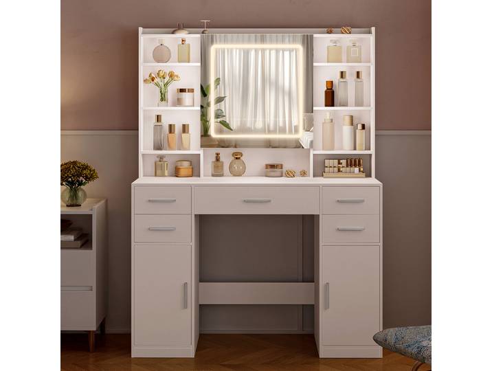 Coiffeuse avec miroir, coiffeuse, coiffeuse avec 5 tiroirs, 2 tiroirs et 9 compartiments ouverts, étagères cachées
