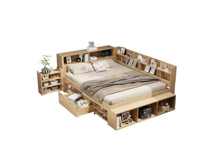 ULEVR Lit enfant combiné 1 place 140 x 200 cm avec rangements tiroirs étagères sommier à lattes naturel