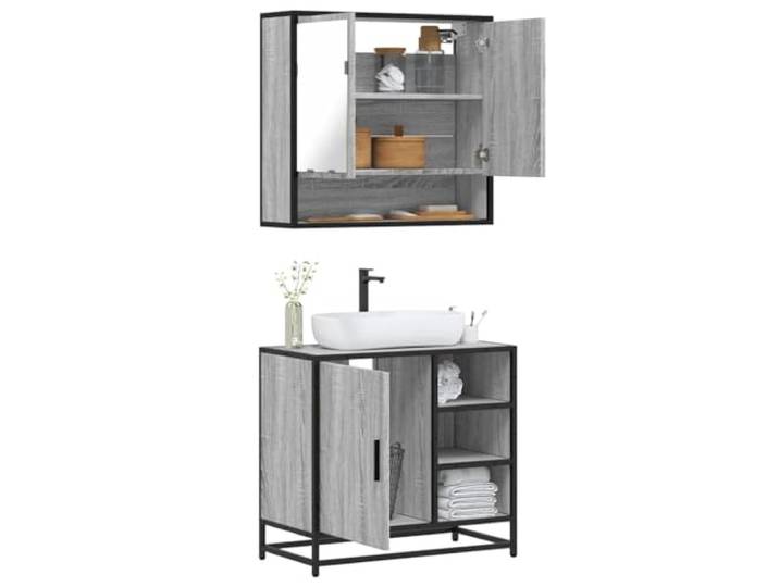 ZQQLVOO 2-TLG. Badmöbel-Set Grau Sonoma Holzwerkstoff Waschbeckenunterschrank, Wand-Spiegelschrank, Metallgestell, Lowboard, Stauraum, Wandmontage, Grau Sonoma