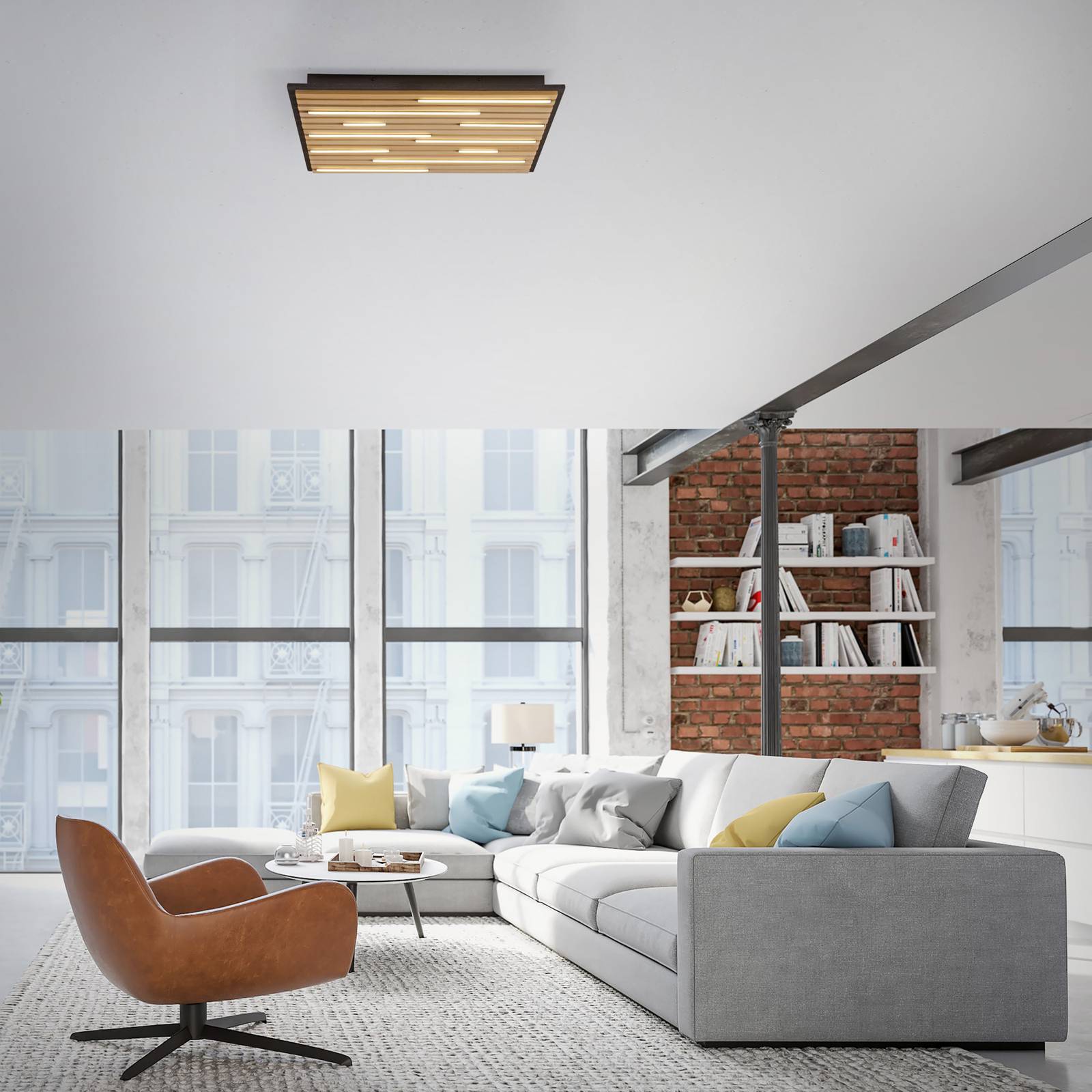 Q-Smart-Home Smart Ceiling Light Q-Akustik, dimmable, Light wood, Living / Dining Room, Wood, Modern