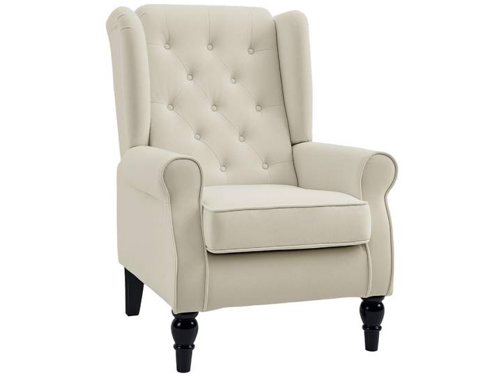 Homcom Einzelsessel mit Tufting Relaxsessel Einzelstuhl Holzfüße Polyester Creme, Echtholz,Eukalyptusholz, Füllung: Schaumstoff,Schaumstoff, 86x102x74 cm, Wohnzimmer, Sessel, Ohrensessel