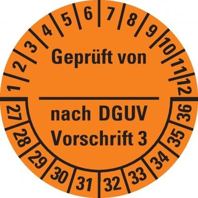 Dreifke® Prüfplakette geprüft DGUV Vorschrift 3,27-36,orange,Folie,ablösbar,Ø 25mm,21 St/Bogen