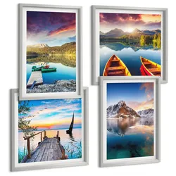 BILDER SET 4er Set - 50x50 cm & 40x60 cm Silberner Rahmen - Seen- und Berglandschaft Łódź