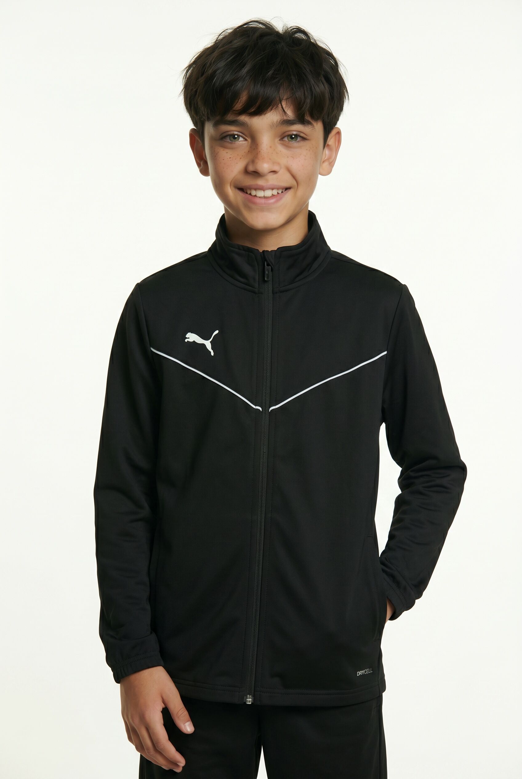 Trainingsjacke PUMA "TEAMRISE TRAINING POLY JACKET JR", Jungen, Gr. 164, schwarz-weiss (puma schwarz, puma weiß), Piqué, Obermaterial: 100% Polyester, unifarben, regular fit normal, Jacken Trainingsjacke, für Jugendliche, mit Reissverschluss, DryCELL Tech