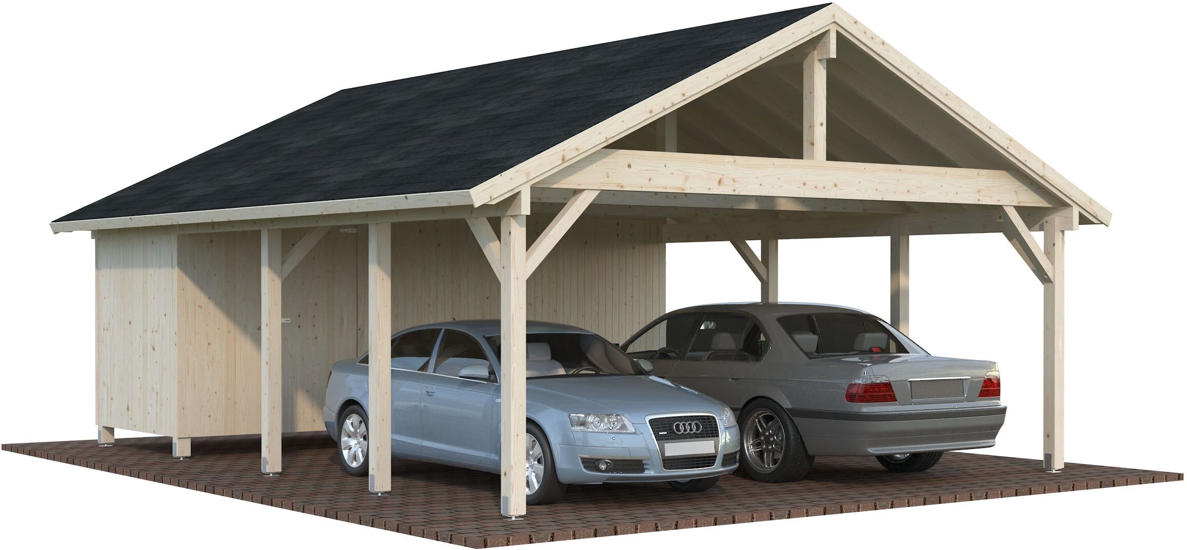 Doppelcarport PALMAKO "Robert mit Geräteraum", beige (natur), B/H/T: 640cm x 199cm x 764cm, Carports
