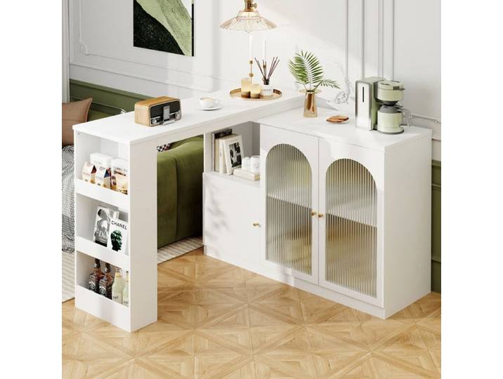 Table à Manger Pivotante avec Armoire de Rangement Table de Bar Extensible Bar Cuisine avec Buffet avec étagères et Vitre (Noir)