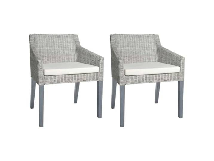 KUTYWEXFM 2er Set Esszimmerstühle Naturrattan Massivholz Grau mit Kissen Rattanstühle im 2er Set mit cremeweißen Leinenkissen für Wohnzimmer und Essbereich. Stabiles Mangoholz bis 110 kg Belastung.