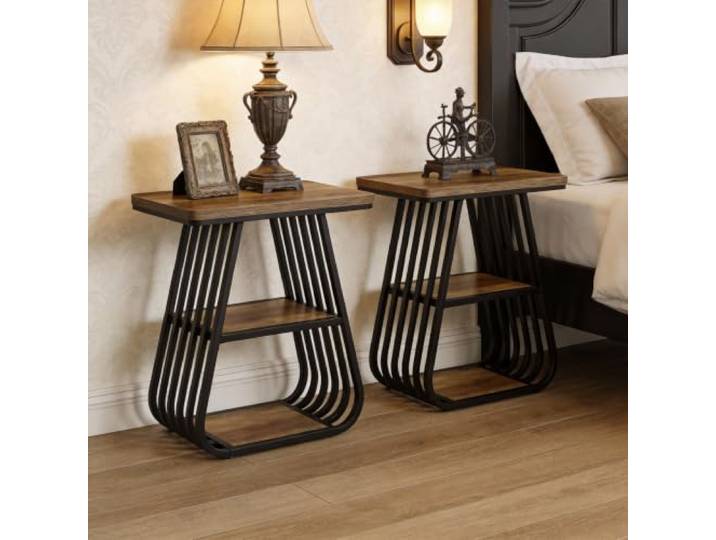 LITTLE TREE Beistelltisch 2er Set, 3‑Ebenen Sofatisch mit Metallgestell Industrieller Ablagetisch, Multifunktionaler Nachttisch für Wohnzimmer Schlafzimmer, Stabiler Couchtisch, Vintage Holzoptik