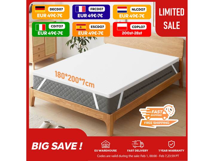 ROYGBIV Topper 7CM Surmatelas avec dureté H2 180*200cm, surmatelas en gel pour le confort et le soulagement de la pression