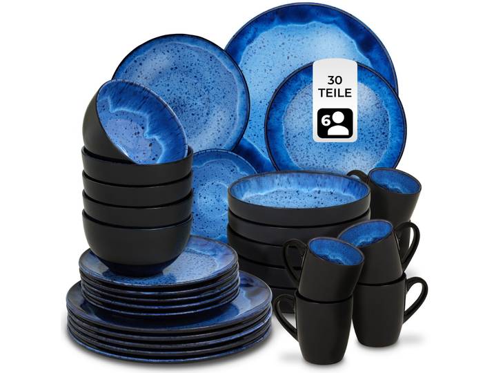 Geschirrset Mare aus Steingut, für 6 Personen - 30-tlg., blau