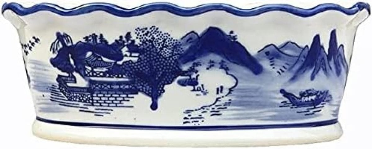 Blauw-witte keramische vaas met drainagegat, Hoogte: 38 cm
