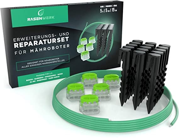 RASENWERK Reparatieset voor begrenzingskabel van robotmaaiers met 15 aardpennen, 5 verbindingsklemmen en 5 meter universele begrenzingskabel