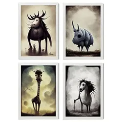 POSTER Set mit 4 Vierbeiner Tier im T Burton Goth Stil A3 Weißer Rahmen