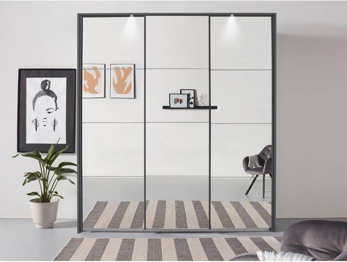 Schwebetürenschrank, Holzwerkstoff, Graumetallic, 211×214×68 cm, Spiegel & Beleuchtung, Klassisch, Rauch