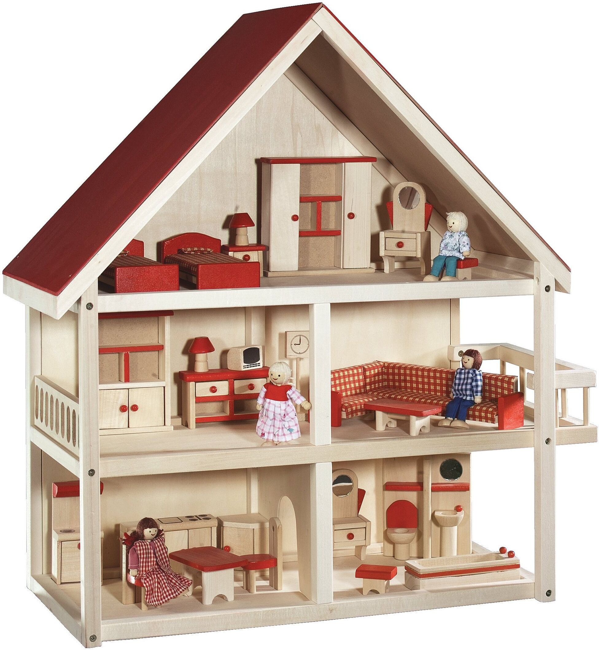 Puppenhaus ROBA "Villa Bunt", beige (natur), Puppenhäuser, KinderB:70cm H:74cm T:30cm, Puppenhaus, 3-stöckig, inkl. Möbel und Puppen, B:70cm H:74cm T:30cm